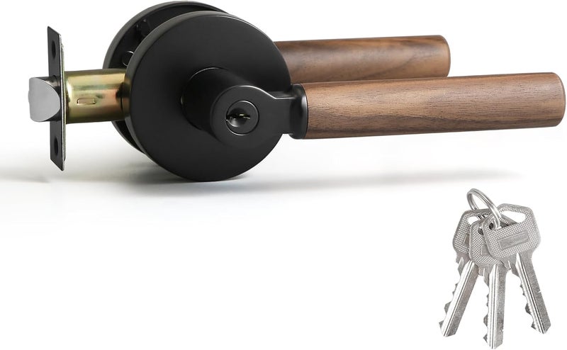 YAGU Wooden Round Entry Lever Door Handle Lock and Key Locking Lever Set Pack of 1 [for Front Door or Office] Reversible for Right & Left Sided Doors Heavy Duty – Matte Black Finish - Image 1